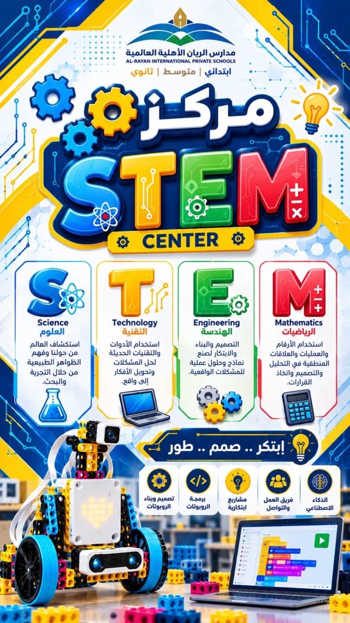 ملصق تعليمي لمركز STEM في مدارس الريان الأهلية يوضح مجالات العلوم والتقنية والهندسة والرياضيات